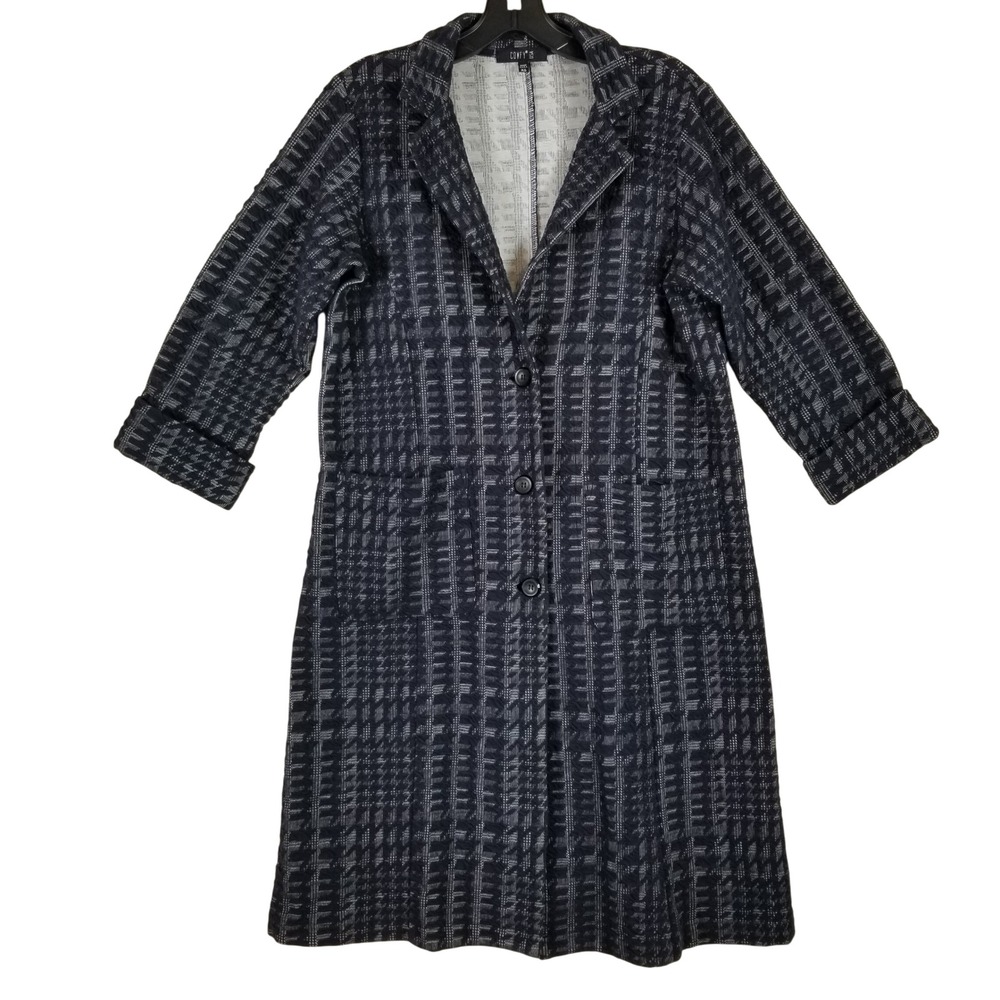 Comfy USA Women XS Black Grey Textured Puckered Grid Duster Coat Jacket Made USA